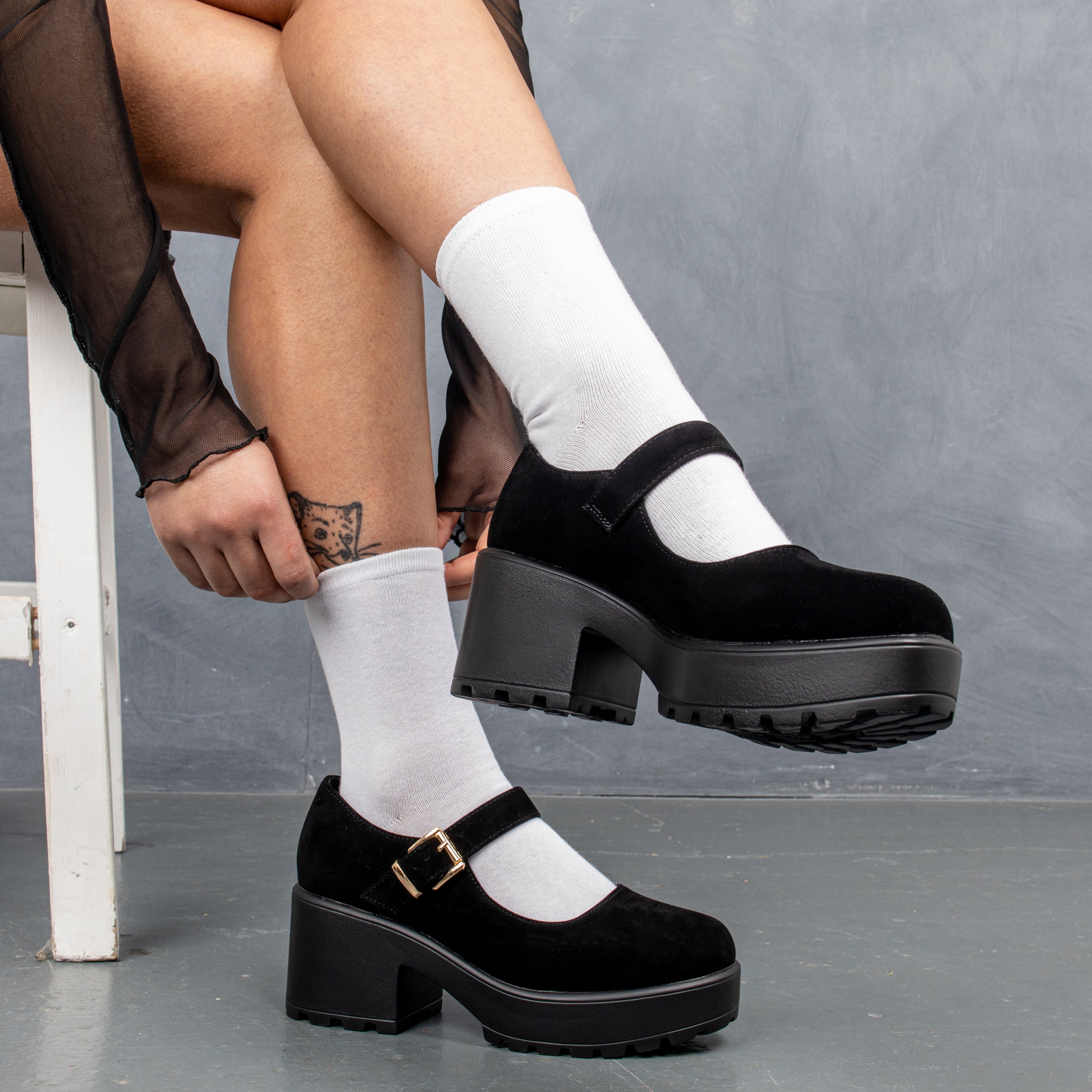 TIRA Black Mary Jane Shoes 'Suede Edition' - Mary Janes - KOI Footwear - Black Suede - Model Right View