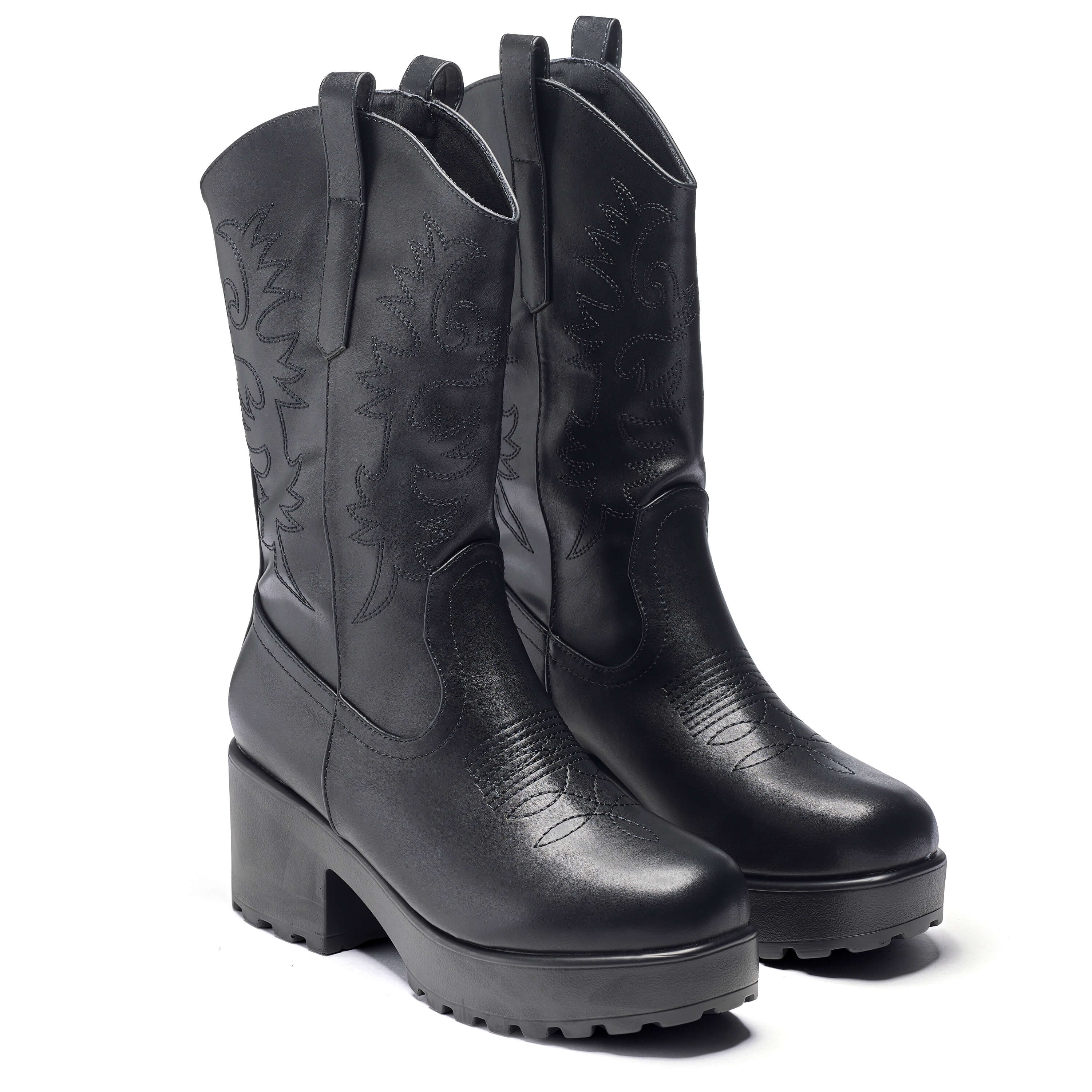WINTU Long Chunky Western Boots - Long Boots - KOI Footwear - Black - Three-Quarter View